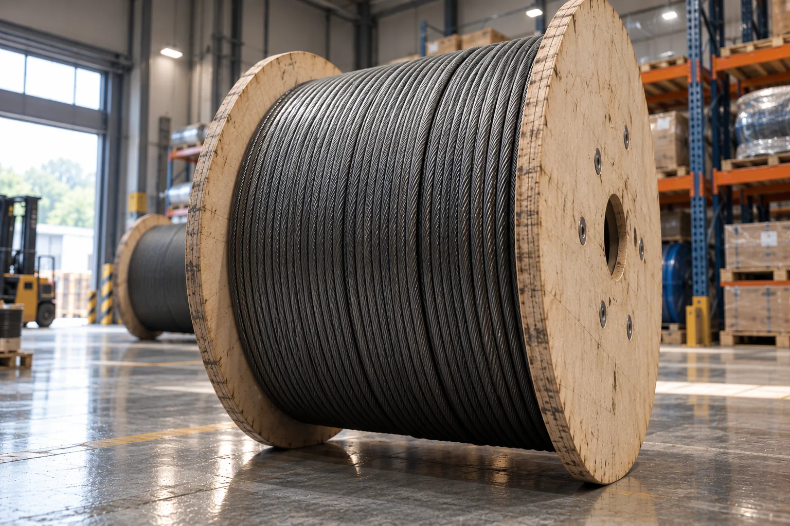 Braided line on a wooden reel in a warehouse