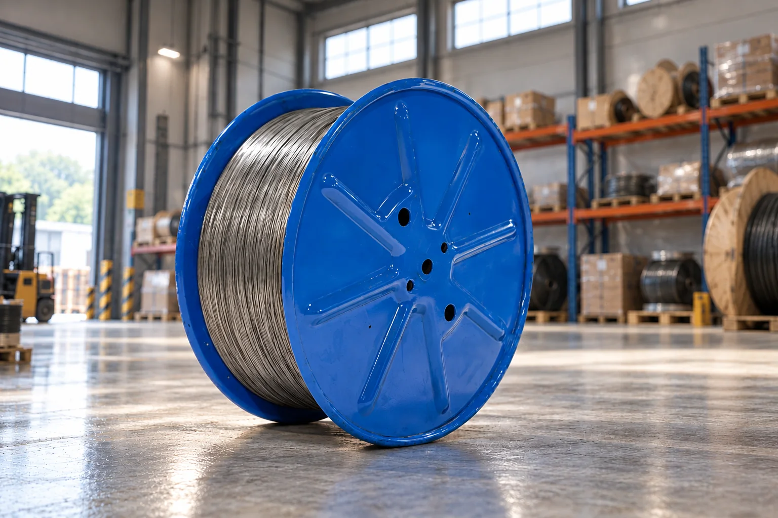 Slickline on a blue metal reel in a warehouse
